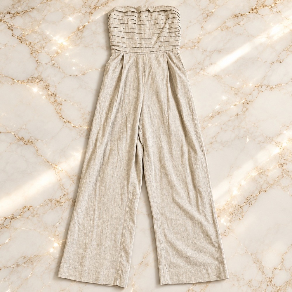 Abercrombie & Fitch Small Linen Blend Strapless Wide Leg Jumpsuit Neutral